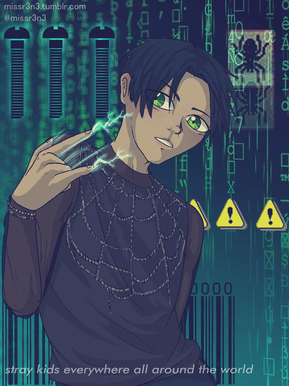 a drawing of stray kids' felix with a cyberpunk aesthetic